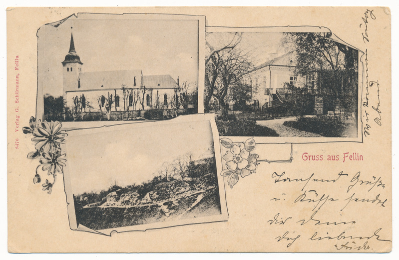 trükipostkaart albumis, Viljandi 3 vaadet: lossimäed, Jaani kirik, Stift u 1900