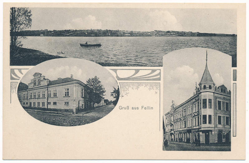 trükipostkaart albumis, Viljandi 3 vaadet: järv, Stift, E. Pohli maja, kirjastaja E. Ring, u 1910