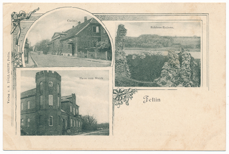 trükipostkaart albumis, Viljandi 3 vaadet: lossimäed, Jakobsoni tn 16, Posti tn 11, kirjastaja A. Tõllasepp, u 1905