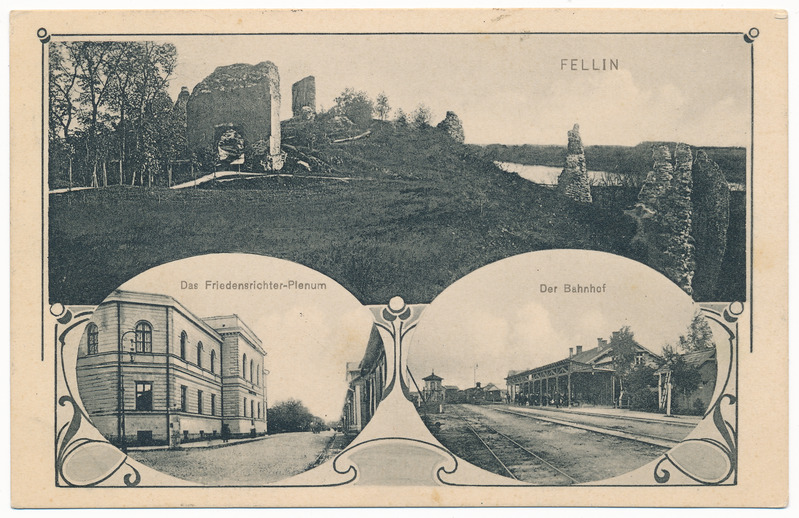 trükipostkaart albumis, Viljandi 3 vaadet: kohtumaja, vaksal (raudteejaam), lossimäed, kirjastaja E. Ring u 1910