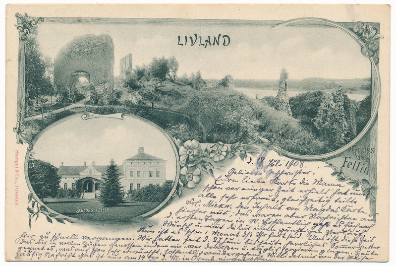 trükipostkaart albumis, Viljandi 2 vaadet: mõisa peahoone, lossimäed, kirjastaja Stengel ja Co, Dresden, u 1899