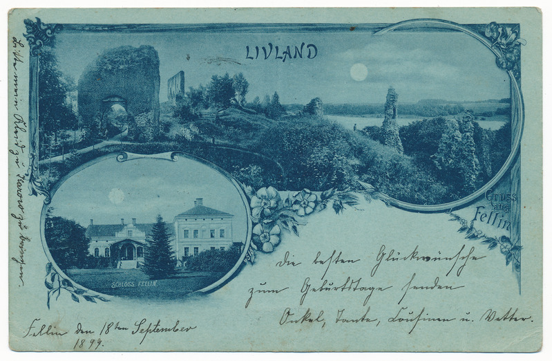trükipostkaart albumis, Viljandi 2 vaadet: mõisa peahoone, lossimäed u 1899