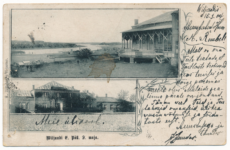 trükipostkaart albumis, Viljandi 2 vaadet: põlluseltsi maja (Jakobsoni tn 42), järv u 1903, kirjastaja A. Tõllasepp