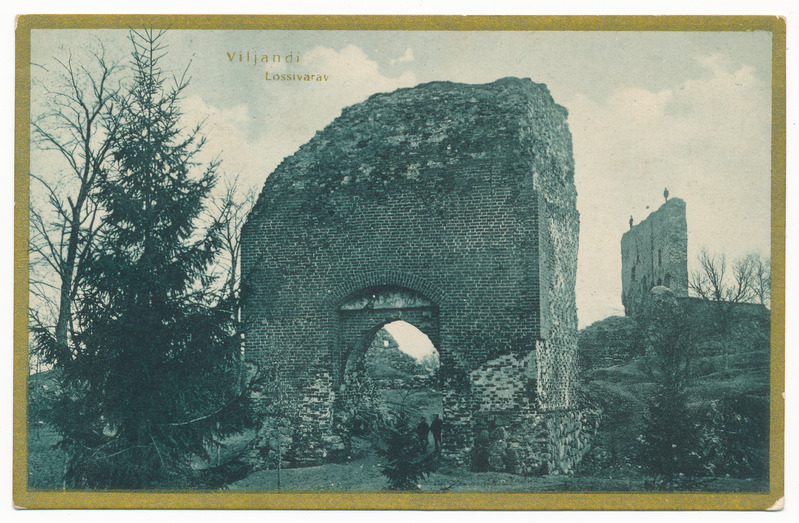 trükipostkaart albumis, Viljandi Kaevumägi, värav, Suurmüür u 1915, kirjastaja H. Leoke 1923