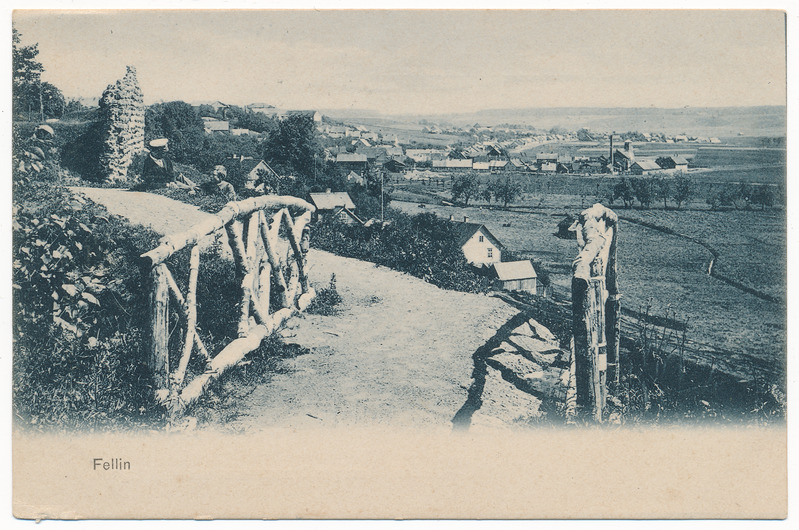 trükipostkaart albumis, Viljandi, vaade lossimägedest Tartu tn lõpuosa poole, u 1910