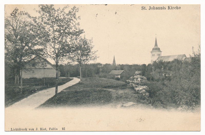 trükipostkaart albumis, Viljandi, I Kirsimägi, mõisa ait (Tasuja pst 6), paremal Jaani kirik, u 1905, valgustrükk J. Riet, nr 81 (31?)