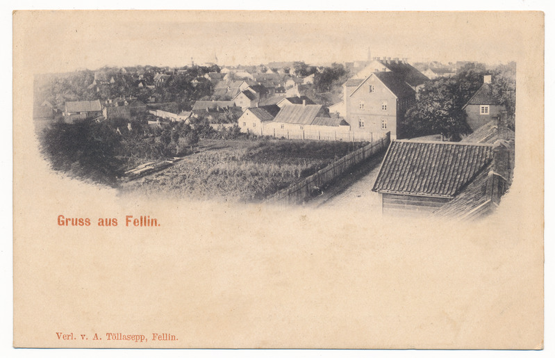 trükipostkaart albumis, Viljandi, vaade linnale Väike tn 12 hoonest, paremal Väike tn, taga keskel Tartu tn, u 1905, kirjastaja A. Tõllasepp