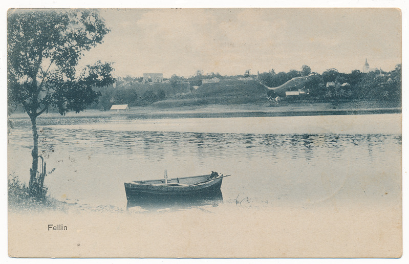 trükipostkaart albumis, Viljandi järv, paat, lossimäed u 1905