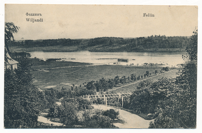 trükipostkaart albumis, Viljandi, vaade Trepimäelt järvele u 1910