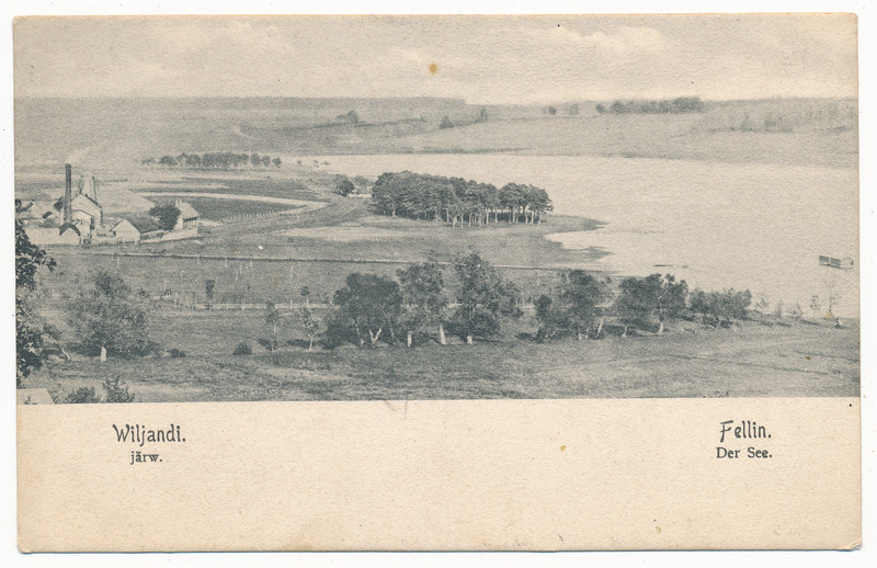 trükipostkaart albumis, Viljandi järveäärne, järv, vasakul auruveski u 1910 (tagaküljel tsensori tempel, 1915)