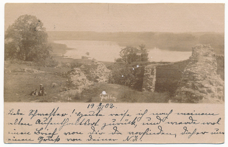 fotopostkaart albumis, Viljandi lossimäed, järv 1901, foto T. Parri