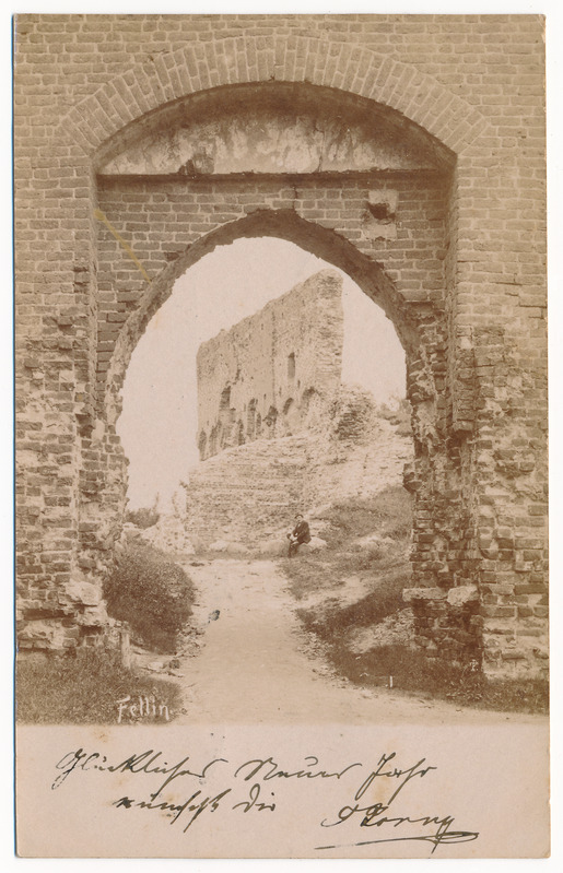 fotopostkaart albumis, Viljandi lossimäed, Kaevumägi, värav, Suurmüür 1901, foto T. Parri