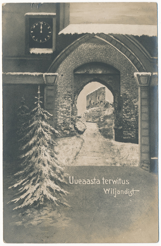 fotopostkaart albumis, jõulud, Viljandi lossimäed, kell, 1910-1911, foto J. Christin & Co, Reval