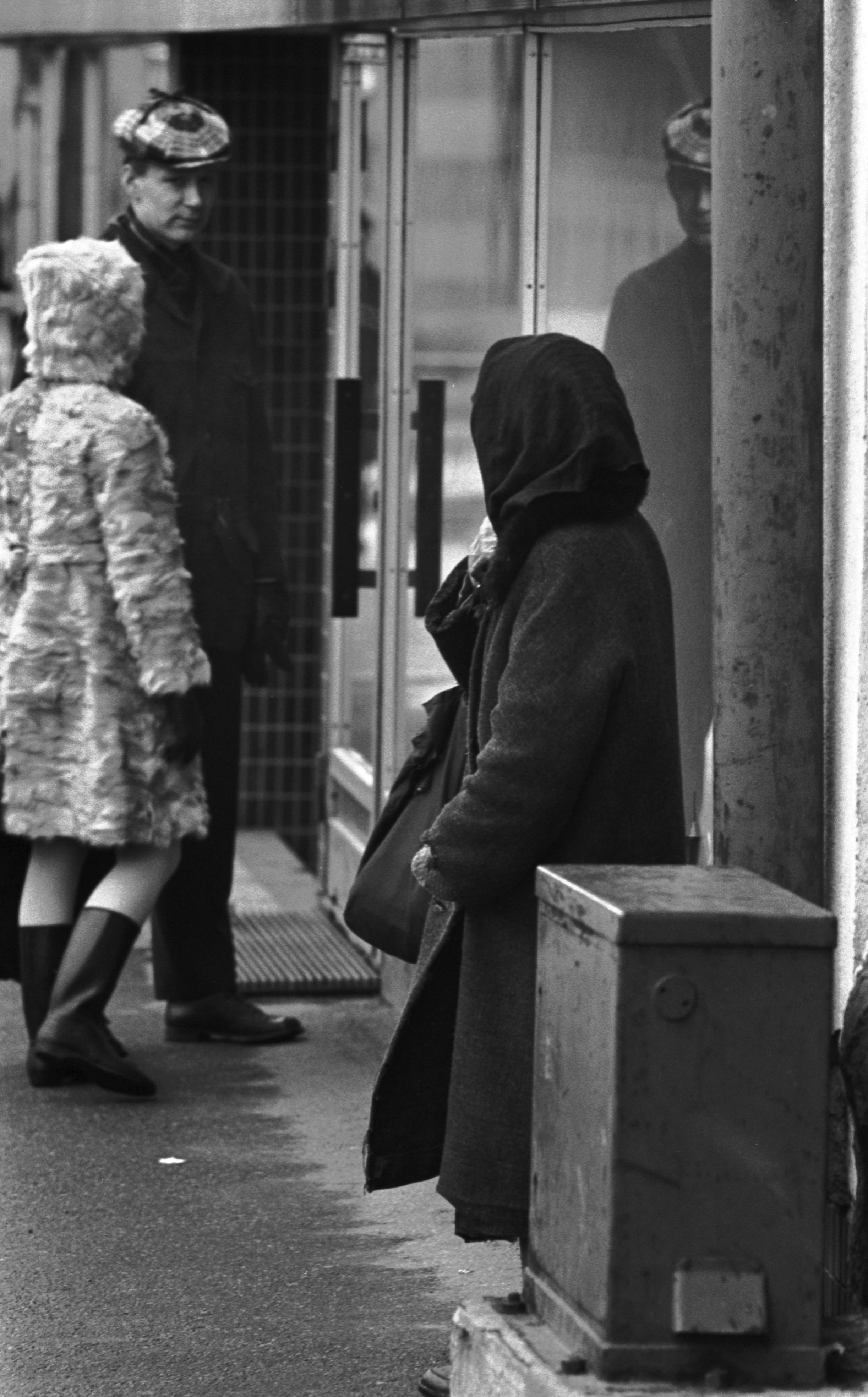 Viides linja 10. Vanha, huppupäinen nainen jakokaapin vieressä Viidennellä linjalla Porthaninkadun kulmilla.