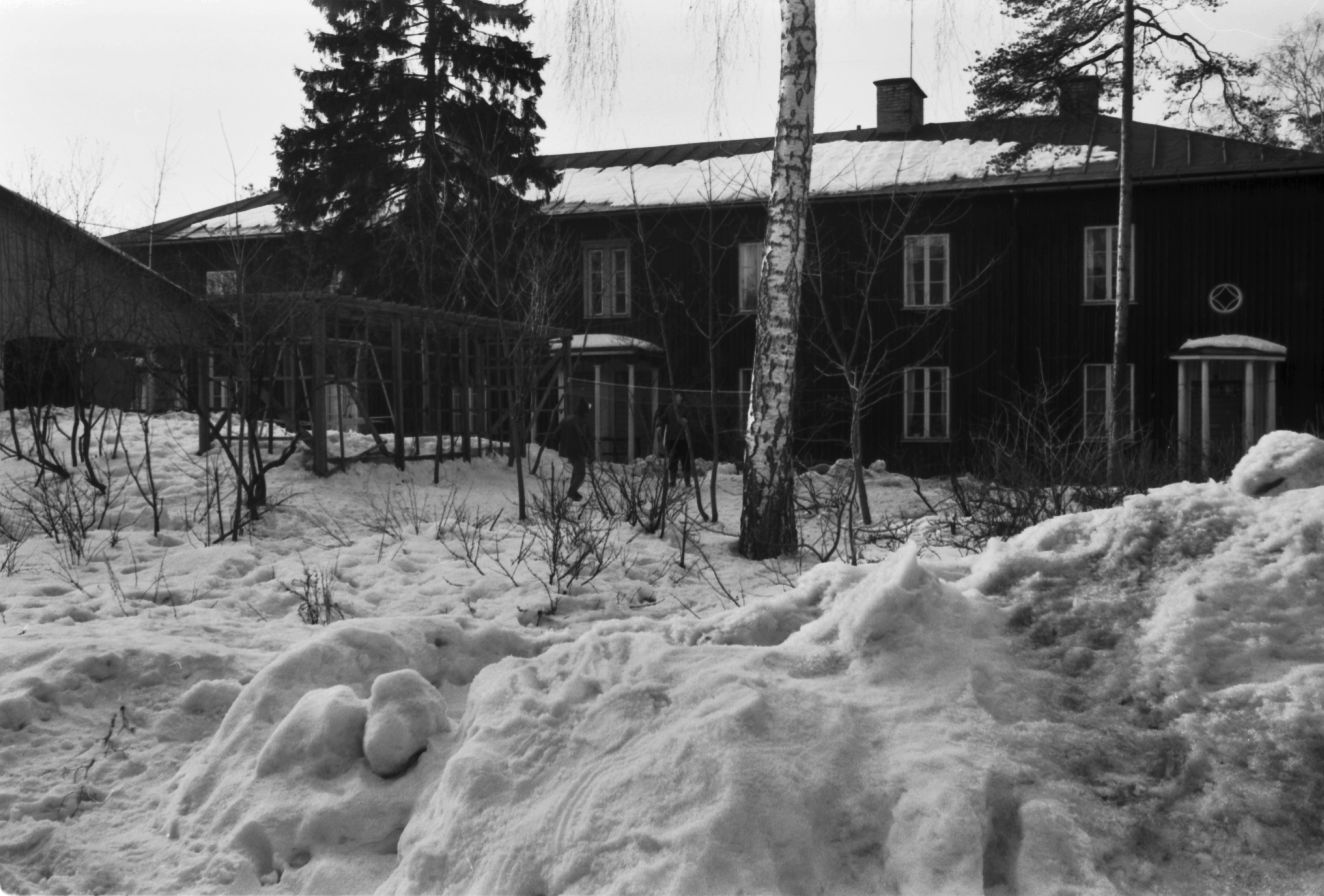 Sampsantie 13a. Näkymä runsaslumiselta pihalta Puu-Käpylästä kevättalvella. Vasemmalla näkyy osa talosta, jonka osoite Sampsantie 11.