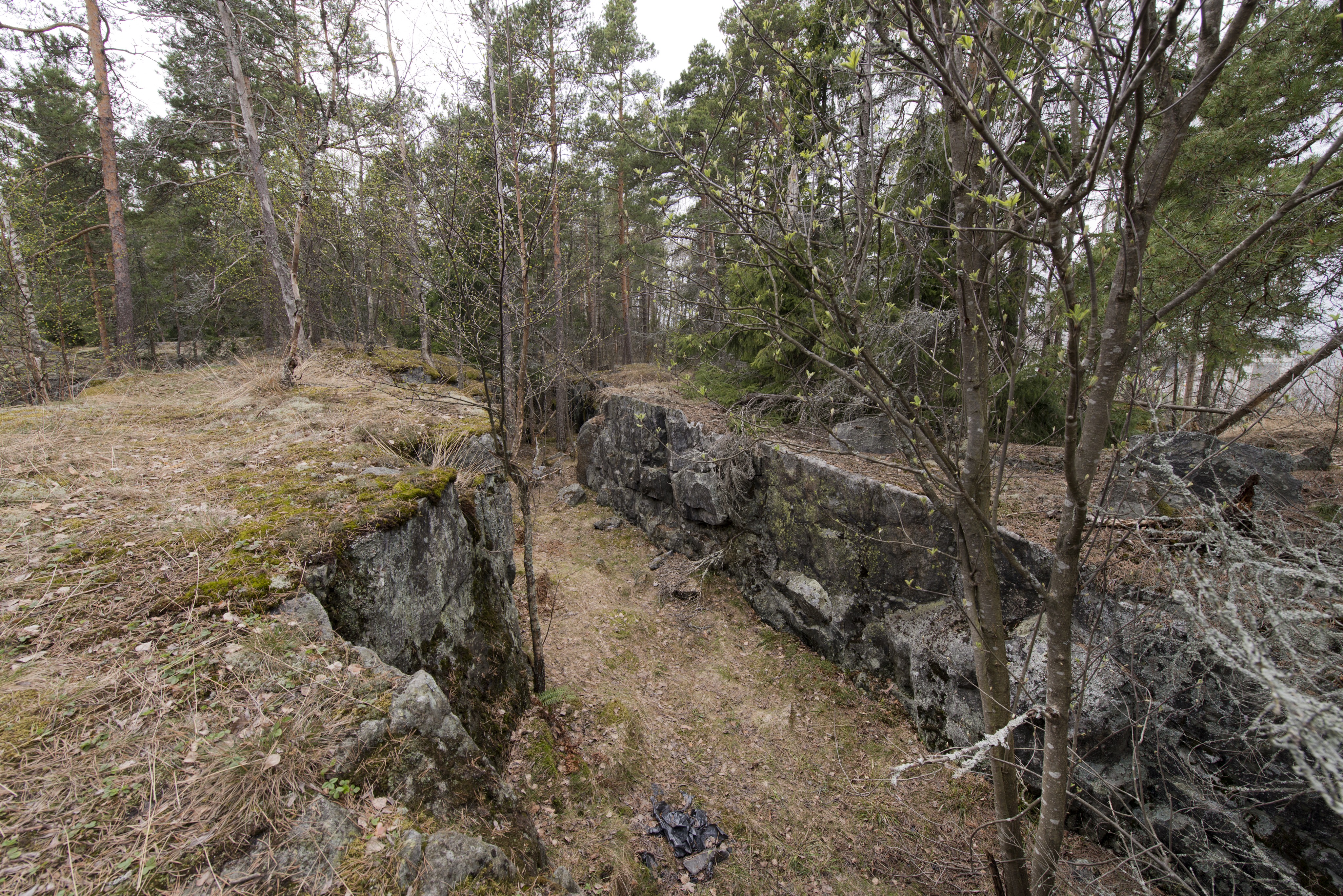 Ruukinranta. Ensimmäisen maailmansodan aikainen maalinnoitus, puolustusasema XXXVI:1 Ruukinrannassa, Espoossa. Kuvassa näkyy aseman XXXVI:1 itäosaan kuuluvaa, kallioon louhittua yhdyshautaa. Seinämät ovat jyrkät. Oikealla puiden lomasta erottuu rakennuksia. Kuvaussuuntana mahdollisesti luode.