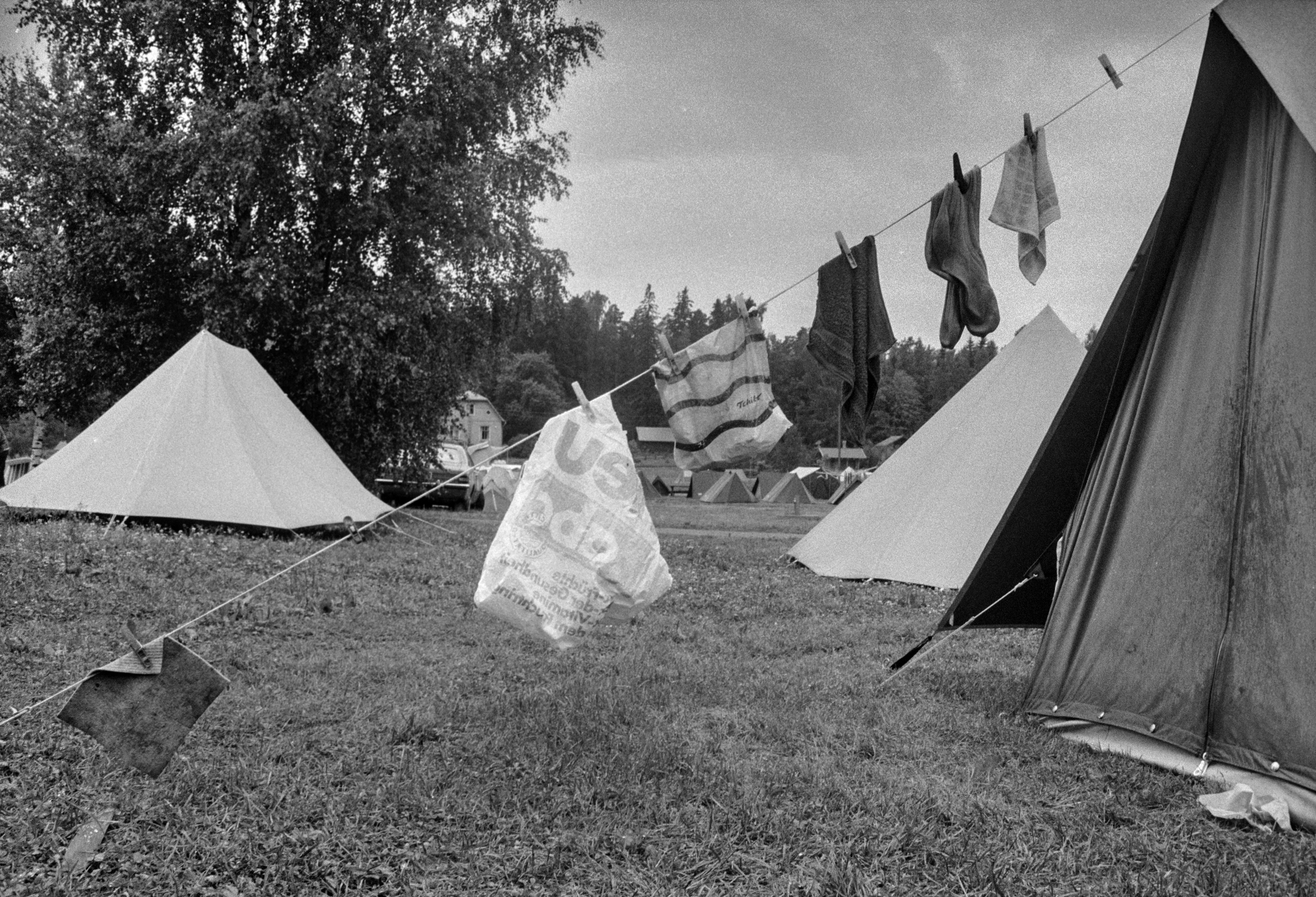 Rastila Camping leirintäalue. Leirintäalueelle pystytettyjä telttoja. Yhden teltan kiinnitysnaruun on ripustettu kuivumaan pyykkejä.