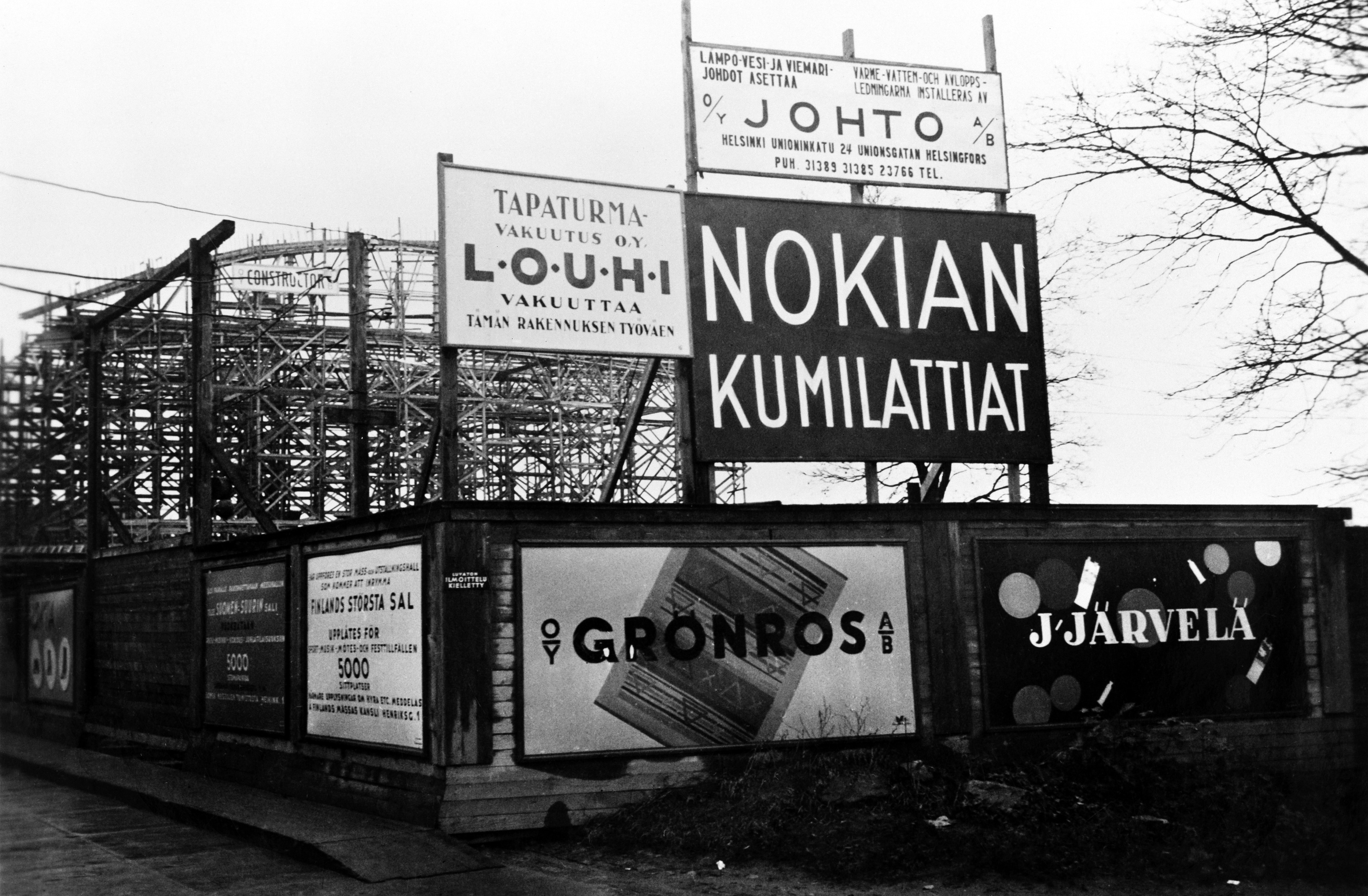 Messuhallin (= Töölön kisahalli) rakennustyömaa etelästä 1935.