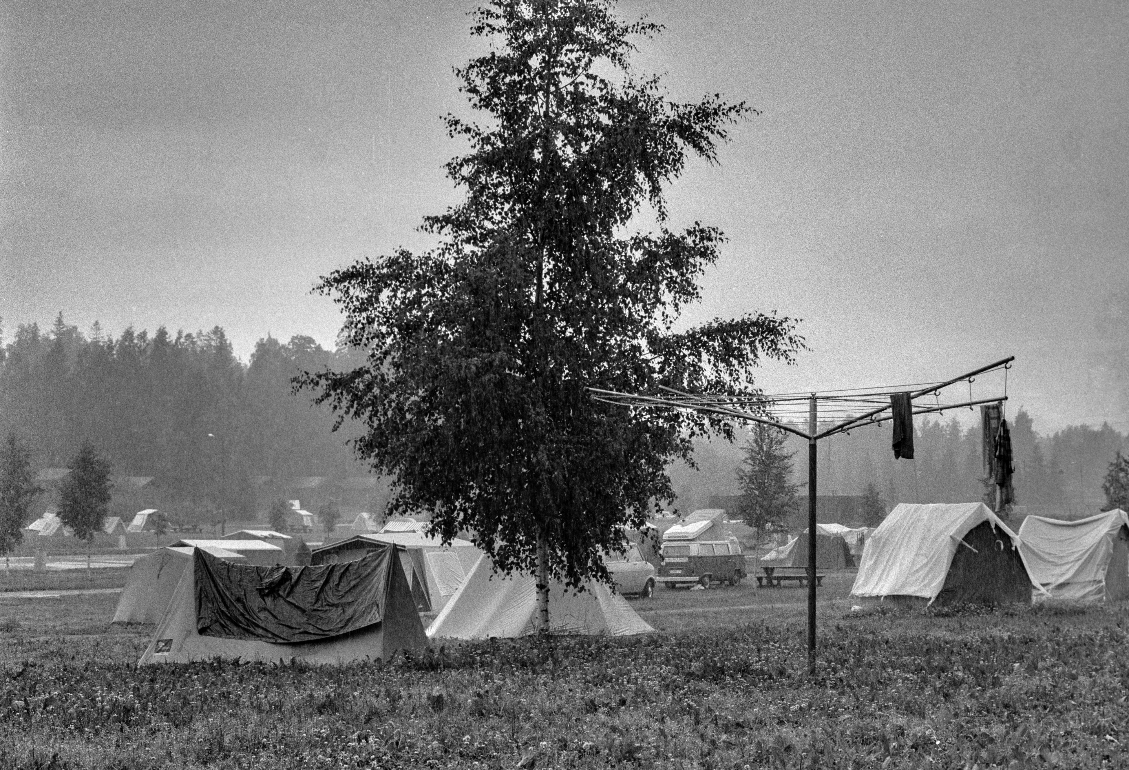 Rastila Camping leirintäalue. Leirintäalueelle on pystytetty telttoja ja pysäköity autoja. Edessä oikealla pyykinkuivausteline, johon on ripustettu kuivumaan pyykkejä.