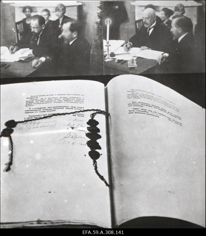 Vabadussõda. Fotomontaaž. Eesti Vabariigi ja Nõkogude Venemaa vahelise rahulepingu allakirjutamine vene rahusaatkonna esimehe Adolf Joffe (vasakul) ja Eesti rahusaatkonna esimehe välisministri Jaan Poska poolt. Lepingu viimane lehekülg.