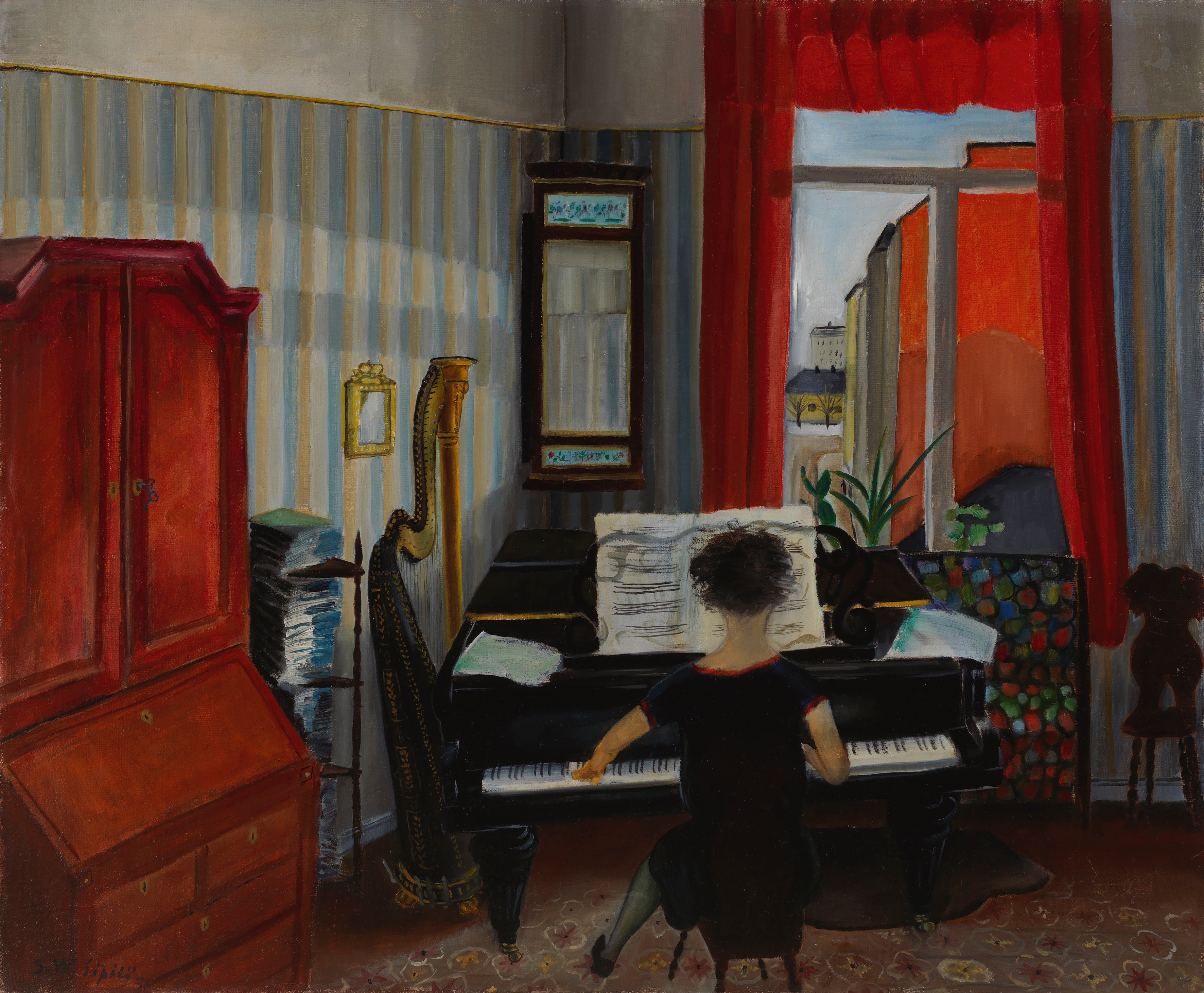 Sulho Sipilä Interior, woman playing the piano 1931 - Sulho Sipilä, 'Interior, woman playing the piano', 1931
