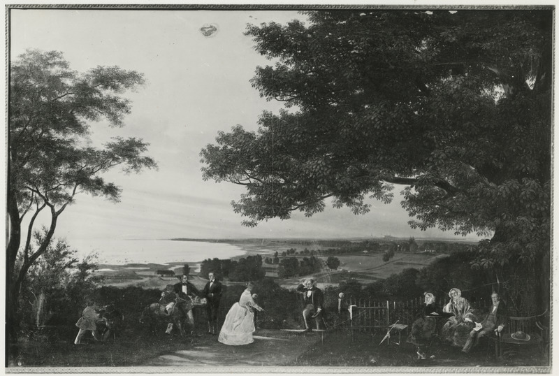 Vaade Rannamõisast Tallinna linnale, esiplaanil perekond Girard. Fotokoopia Ernst Hermann Schlichtingi maalist