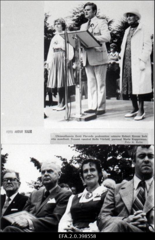 Fotomontaaž . ESTO päevad Torontos avamine.Ülemisel pildil Ülemaailmsete Eesti Päevade (ESTO) peakomitee esimees Robert Kreem loeb ette manifesti.Temast vasakult Helle Viirlaid ja paremal Maria Koppermann.Alumisel pildil vasakult Ernst Jaakson, J.Diefenbaker, M.Laansoo, T.O`Donahoe.