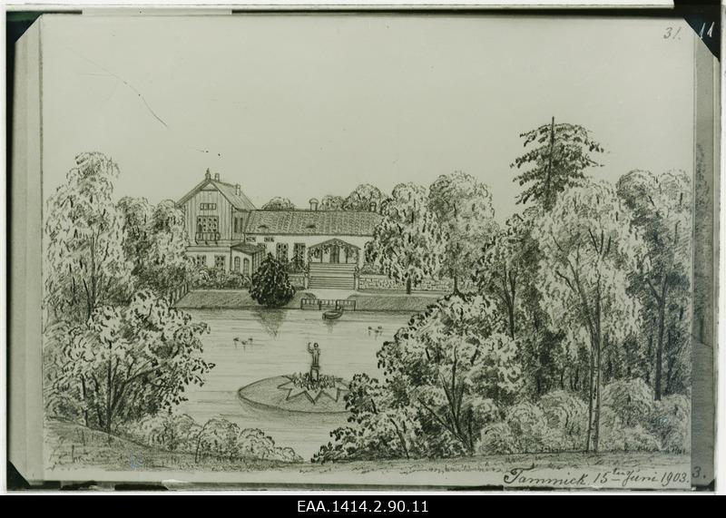 Tammiku mõisa peahoone, esiplaanil tiik, klaasnegatiiv joonistusest (1903)