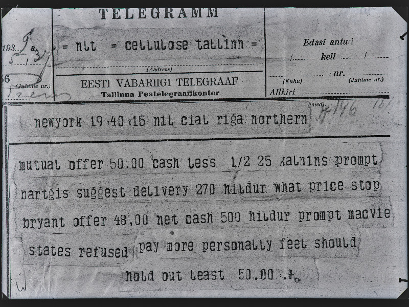 Telegramm New Yorgist Tallinna Tselluloosi vabrikule.