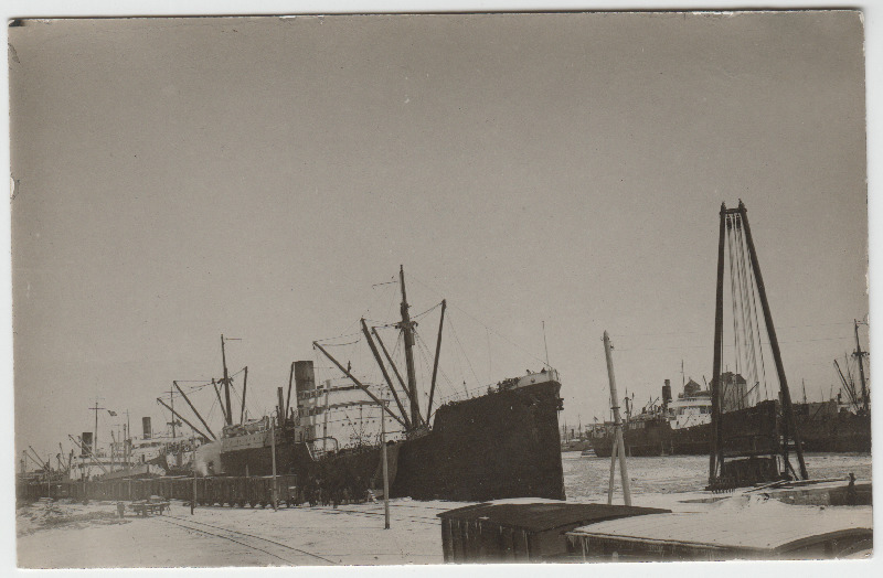 Tallinna sadama kail N3.
Tagaplaanil näha elevaator. Eelplaanil, Uue Lääne muuli veeres laadimas kolm Ameerika laeva vilja välja; Venemaa tarvis.