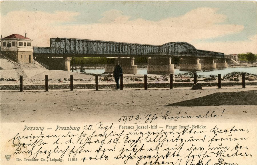 Preßburg, Franz-Joseph-Brücke über die Donau im Jahre 1903 - lang