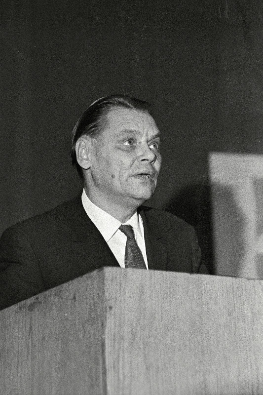 Komsomoliveteran, Välismaaga Sõpruse ja Kultuurisidemete Arendamise Eesti Ühingu esimees Raoul Viies Eestimaa Leninliku Kommunistliku Noorsooühingu 50. aastapäevale pühendatud Mererajooni komsomoliorganisatsiooni pleenumil esinemas.