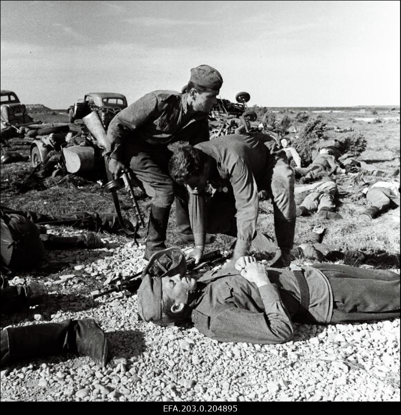 Tallinnfilmi mängufilm "Inimesed sõdurisinelis". Laipu täis lahinguväli. Kalm (Rudolf Allabert) abistab Täägerit (Heino Raudsik).