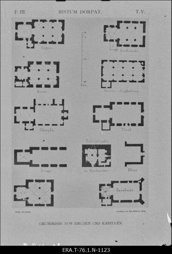 Nõo kirik, Palamuse kirik, Maarja-Magdaleena kirik, Otepää kirik, Rõngu kirik, Vastseliina mõisa kabel, Põlva kirik, Kavilda õigeusus kirik. Kirikute põhiplaane. Nõo kirik, Palamuse kirik, Maarja-Magdaleena kirik, Otepää kirik, Rõngu kirik, Vastseliina kabel, Põlva kirik, Kavilda kirik. Repro Reinhold Ludwig Ernst Guleke raamatust "Alt-Livland" 1896. F.III,  T. V