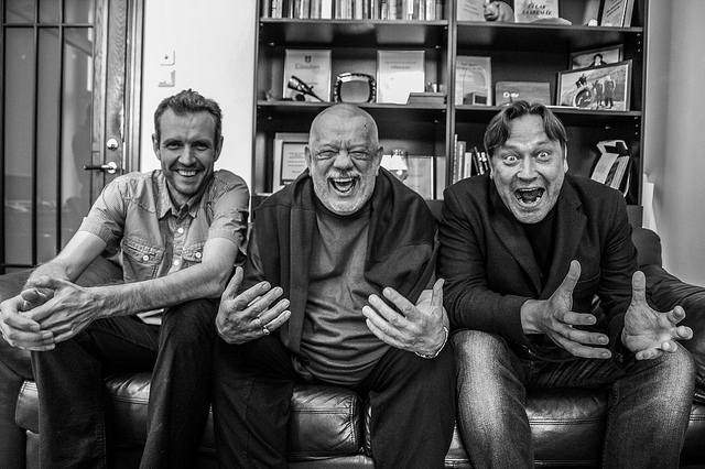 Managing Director Velvo Väli and Artistic Director Üllar Saaremäe of Rakvere Theatre with their teacher Prof. Kalju Komissaror (middle), 2013. - Managing Director Velvo Väli and Artistic Director Üllar Saaremäe of Rakvere Theatre with their teacher Prof. Kalju Komissarov (middle).