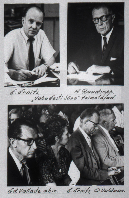Eestlased paguluses. Ajalehe "Vaba Eesti Sõna" toimetus. Ülemisel fotol E.Ernits ja H.Raudsepp, alumisel Eduard Vallaste abikaasaga, E.Ernits, A.Valdman.
