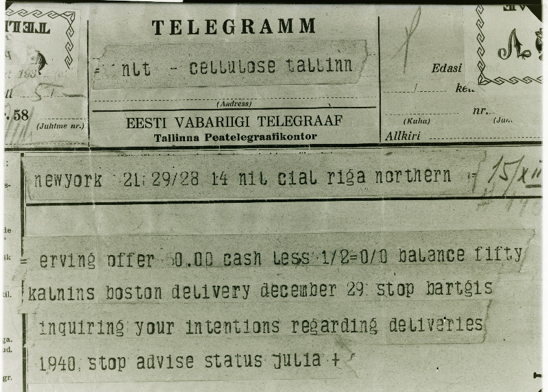 Telegramm Tallinna Tselluloosivabrikule New York´ist.