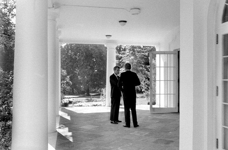 President and Attorney General confer, 03 October 1962 - ST-423-1-62  03 October 1962  President Kennedy and Attorney General Robert F. Kennedy confer. White House, West Wing Colonnade.