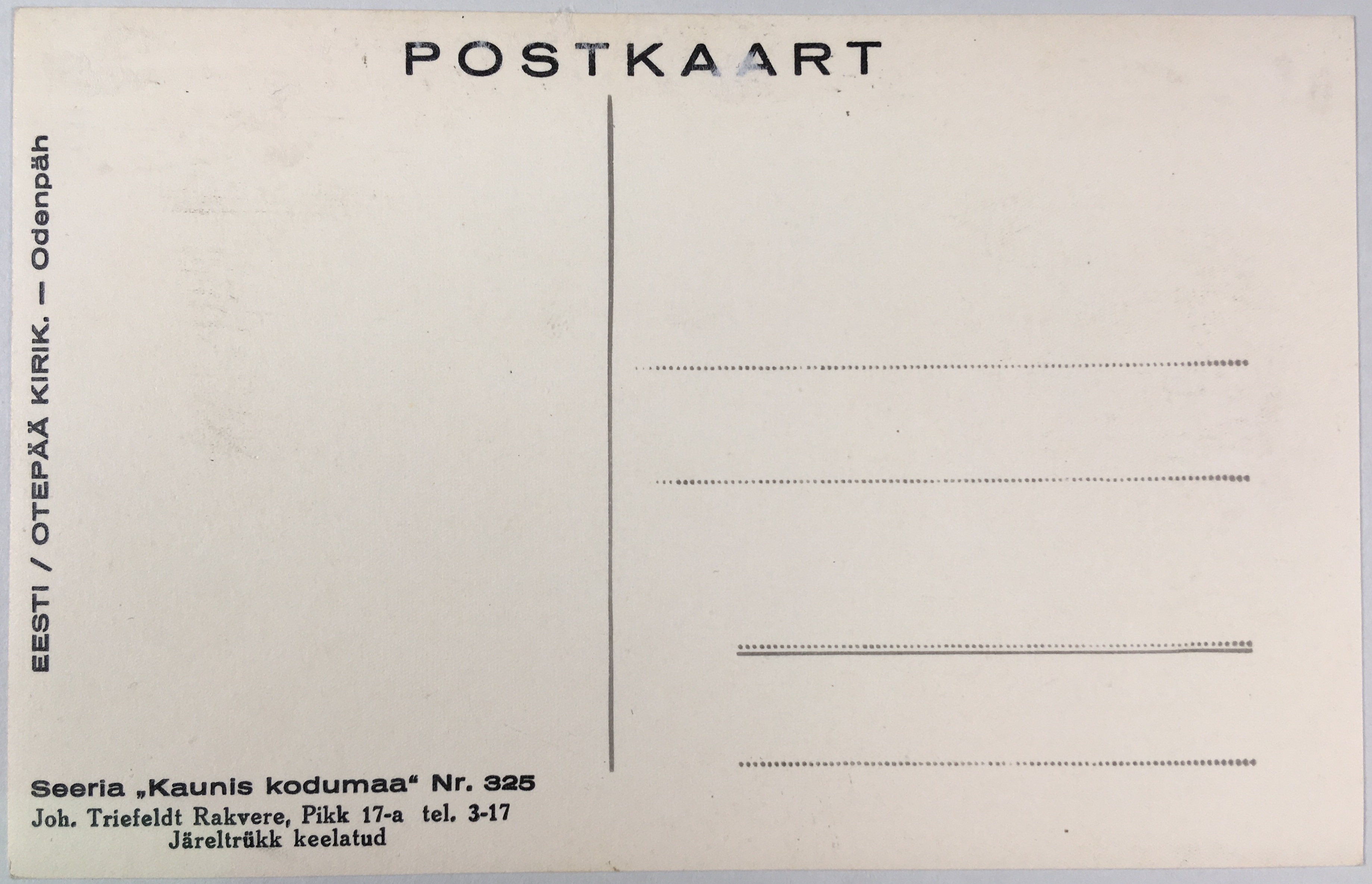 Fotopostkaart sarjast "Kaunis kodumaa" Nr. 325 (tagakülg) - Fotopostkaart Rene Viljati erakogust