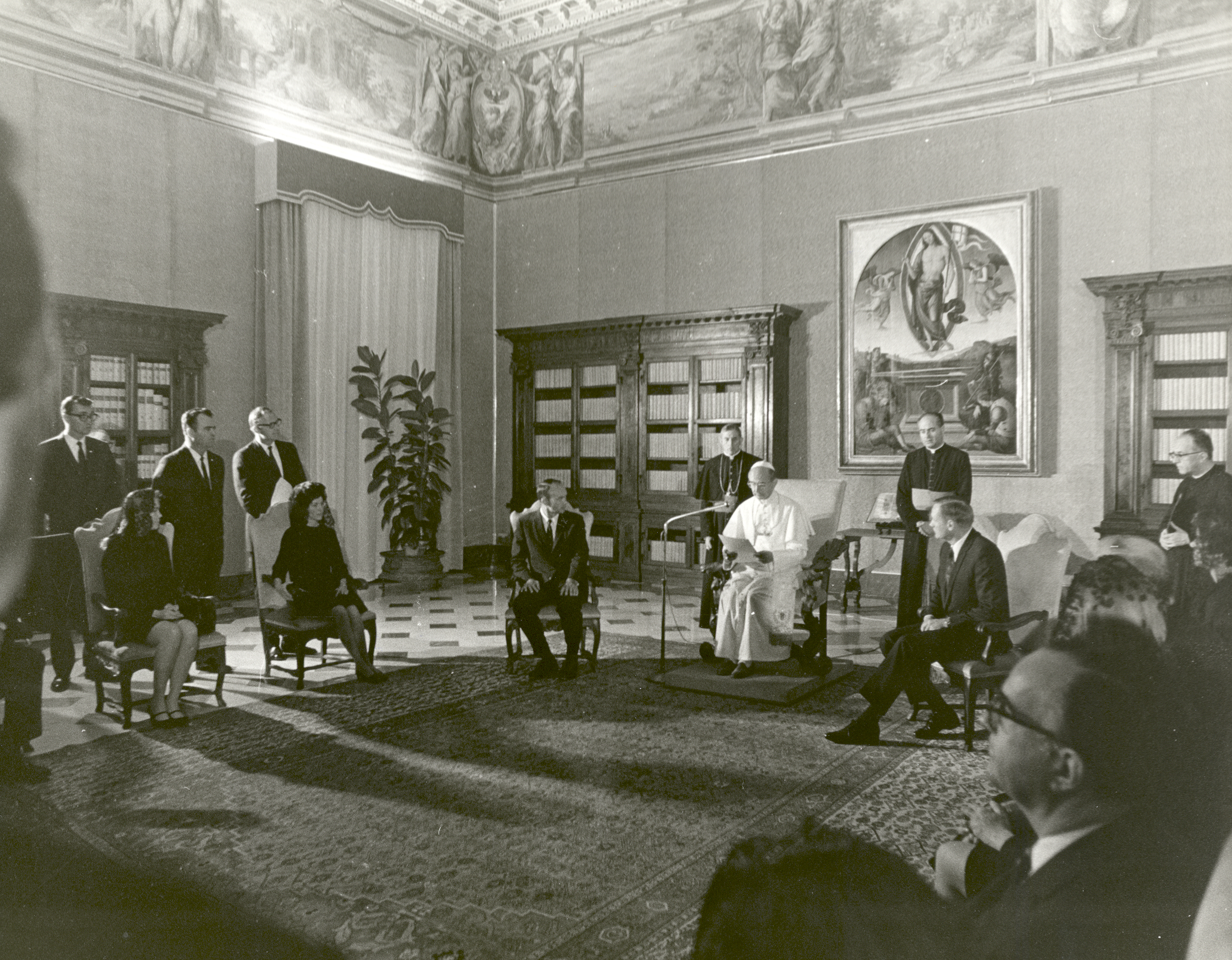 Apollo 11 Astronauts Receive a Papal Audience by Pope Paul VI - GPN-2002-000018 - The Apollo 11 astronauts, Neil A. Armstrong, Edwin E. Aldrin, Jr., Michael Collins, and their wives receive a papal audience by Pope Paul VI in the Papal Library, St. Peters Cathedral at the Vatican. The GIANTSTEP-APOLLO 11 Presidential Goodwill Tour emphasized the willingness of the United States to share its space knowledge, and carried the Apollo 11 astronauts and their wives to 24 countries and 27 cities in 45 days.