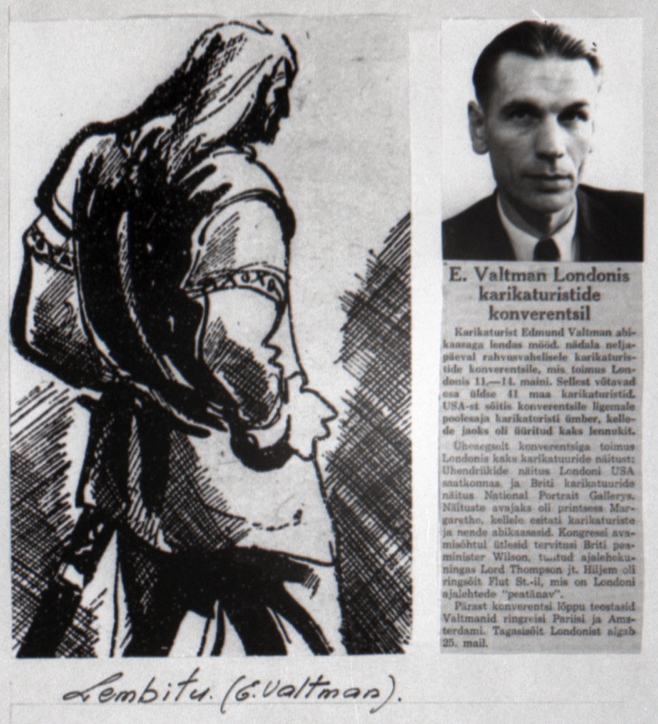 Eestlased paguluses. Karikaturist E.Valtman(portree paremal) Londonis karikaturistide konverentsil. Vasakul tema kujutatud Kalevipoeg. Fotokollaaž.