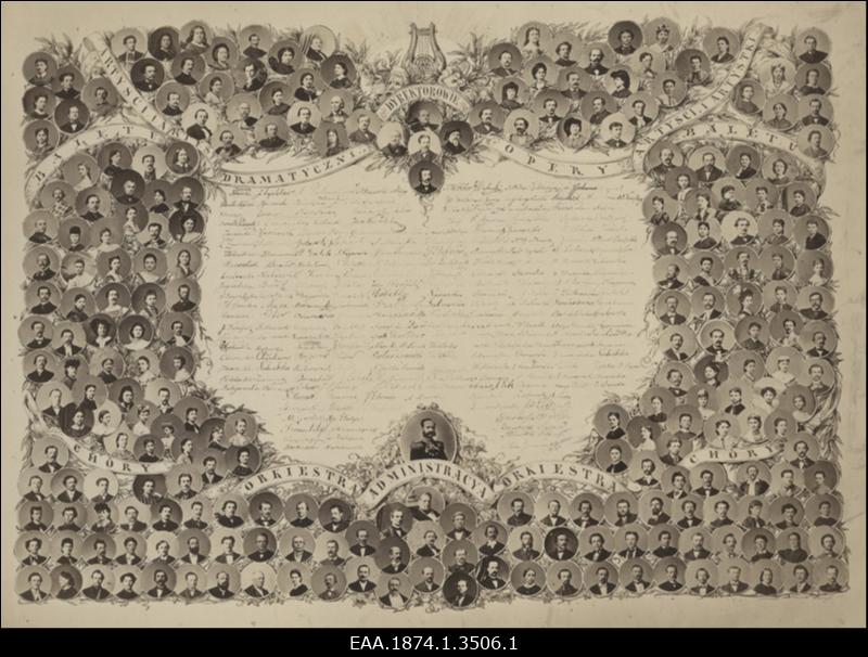 Fotomontaaž Varssavi teatri (Teatr Narodowy) koosseisust. Fotol draamanäitlejad, balletiartistid, ooperi- ja koorilauljad, orkestrandid ja teatri juhtkond