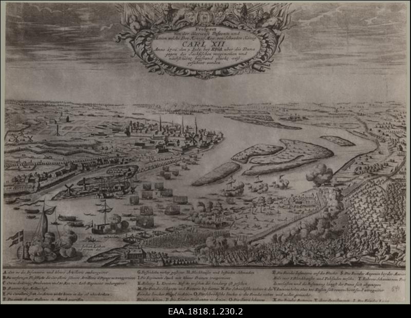 Graafikatehnikas pilt Spilve lahingust 09.07.1701 Daugava ääres, repro