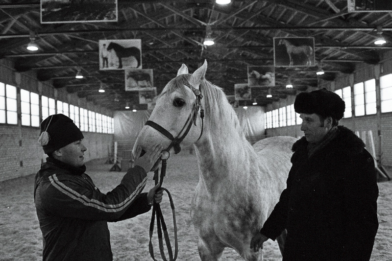 Harju rajooni A. Sommerlingi nimelise sovhoosi ratsaspordi vanemtreener Vello Viira ja Afganistanis sõjaväes teeninud ratsasportlane Pentti Pilnik ratsaspordimaneežis.