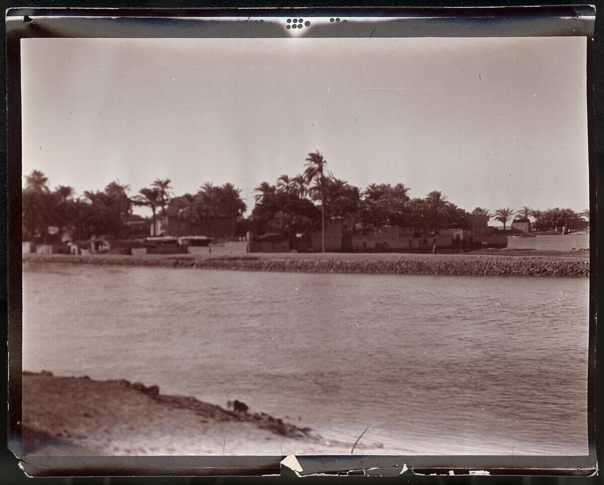 Arabian village on a Nile Canal (taken from the train) - Caption: verso: M. "1956 W/IV/<Mansafis?>: arab. Village (taken from the train) <?> a whale of the Nile.“, l.u.” 15 XII 1910/8h30 "(pencil, vertical)