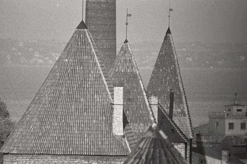 Vaateid Toompealt vanalinna katusetele, sadama kraanadele, laevale ja purjekale ning vanalinna tornidele.