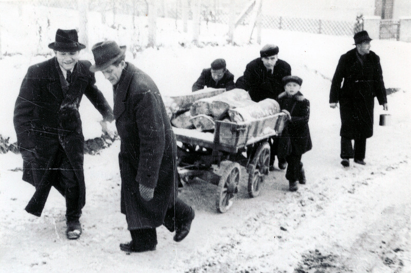 Eestlastest põgenikud Geislingeni DP (displaced persons) laagris. Jagatud küttepuude toomine .