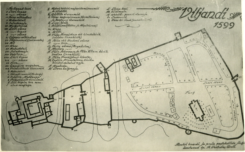 Viljandi linna plaan 1599. a (koostanud õpetaja A. Vestren-Doll rootsi kaardi ja poola protokollide järgi).