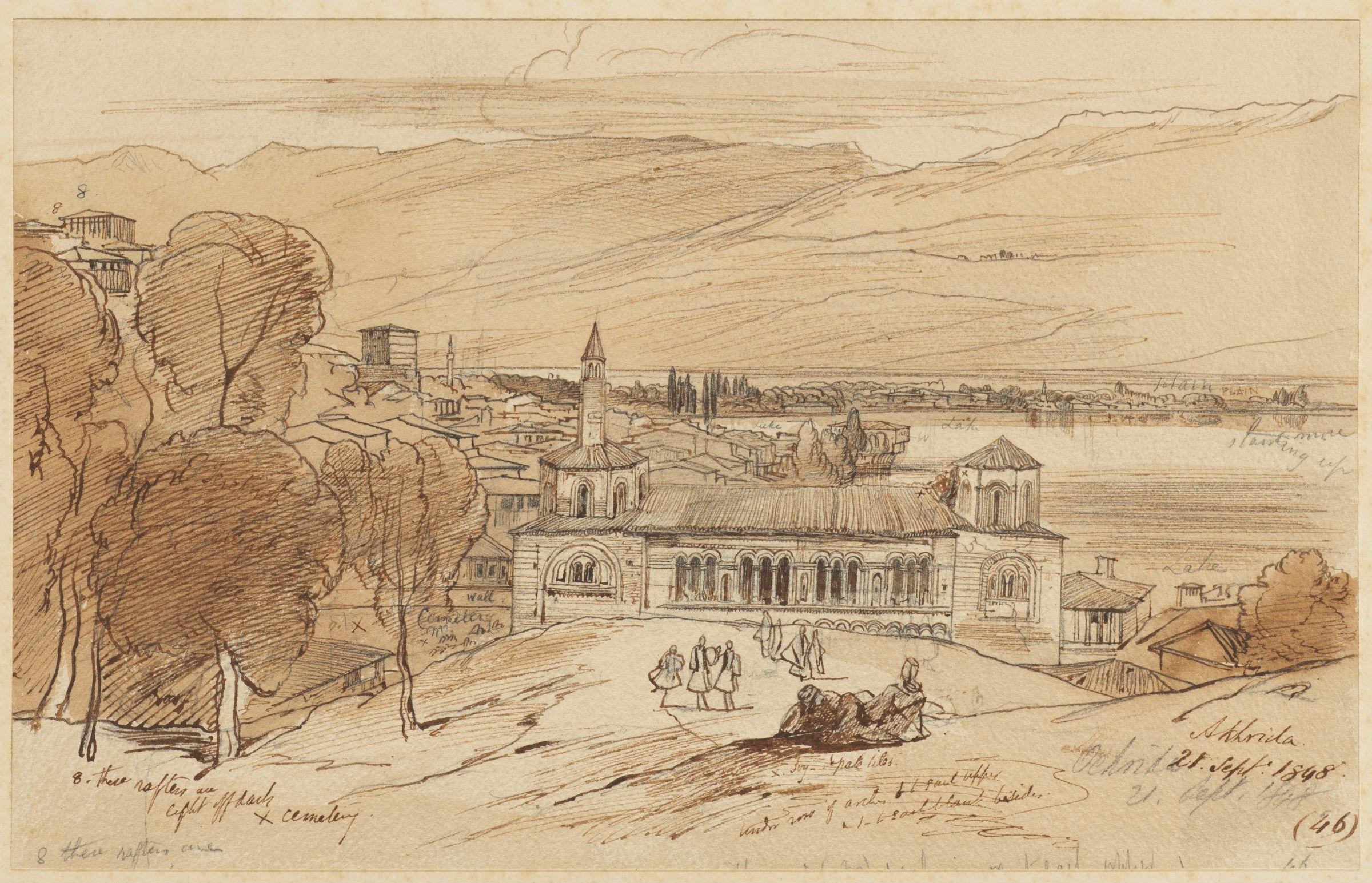 Mosque of Ohrid by Edward Lear (1838) - A drawing of the Ohrid Mosque by Edward Lear in September 1848 during his trip to the Albanian provinces. The mosque in fact used to be a cathedral but was converted as such during Ottoman rule. Today, it is once again converted into a cathedral