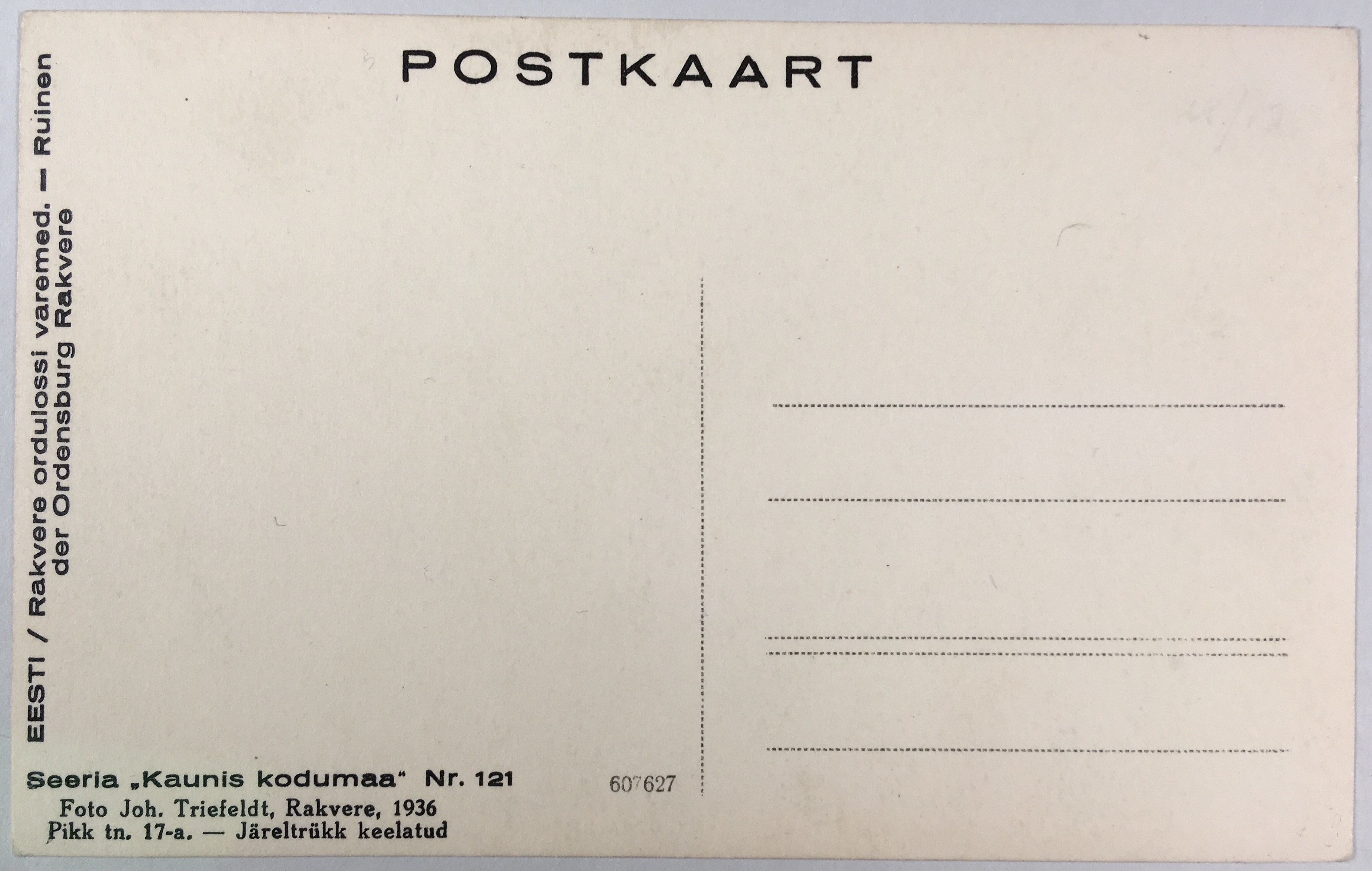 Fotopostkaart sarjast "Kaunis kodumaa" Nr. 121 (tagakülg) - Foto: Carl Sarap (1893-1942)